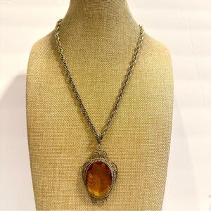 Vintage Whiting & Davis Necklace gold tone w/ faceted amber glass/ topaz pendant